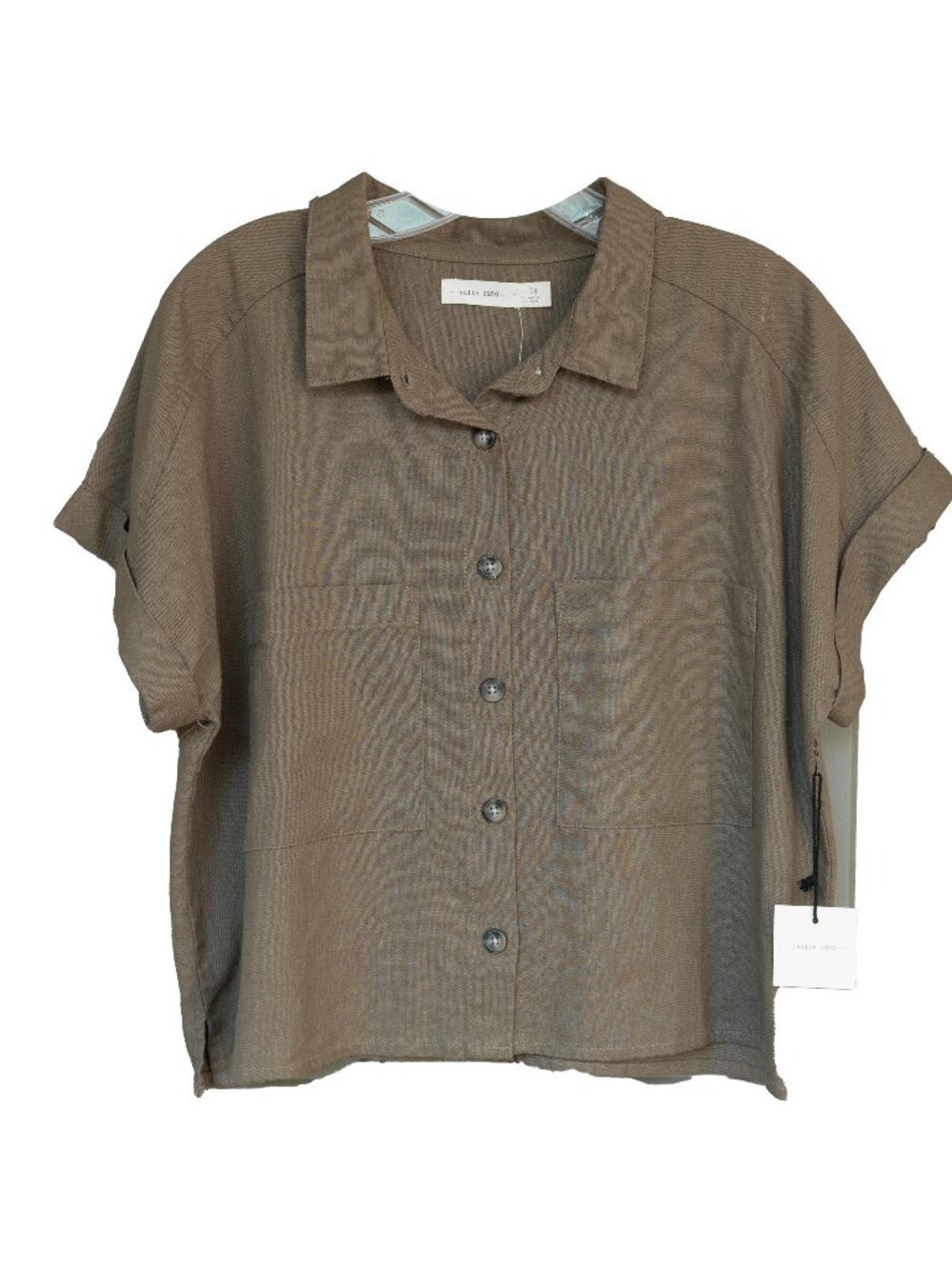 SUITE 2939 Linen Top Brown Button Up Short Sleeve Boxy Fit Cropped Shirt